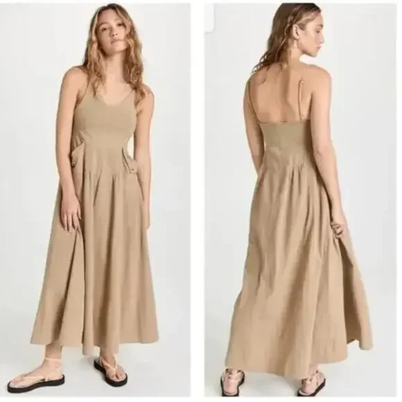 FREE PEOPLE Soledad Maxi Dress Khaki Tan Beige Sz M {3Z26} - Picture 4 of 10